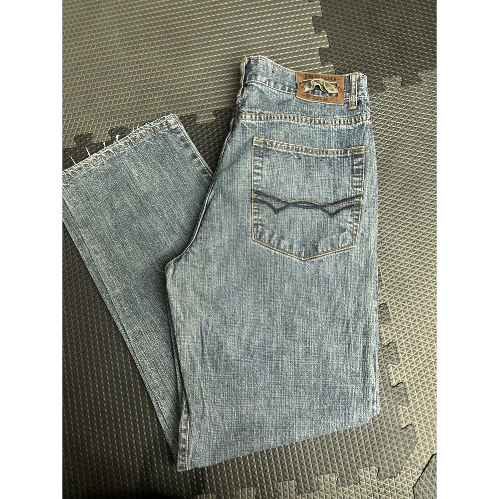 INDIGO STAR Women's Blue Denim Jeans Size 33W Mid Rise Bootcut Frayed Hem
